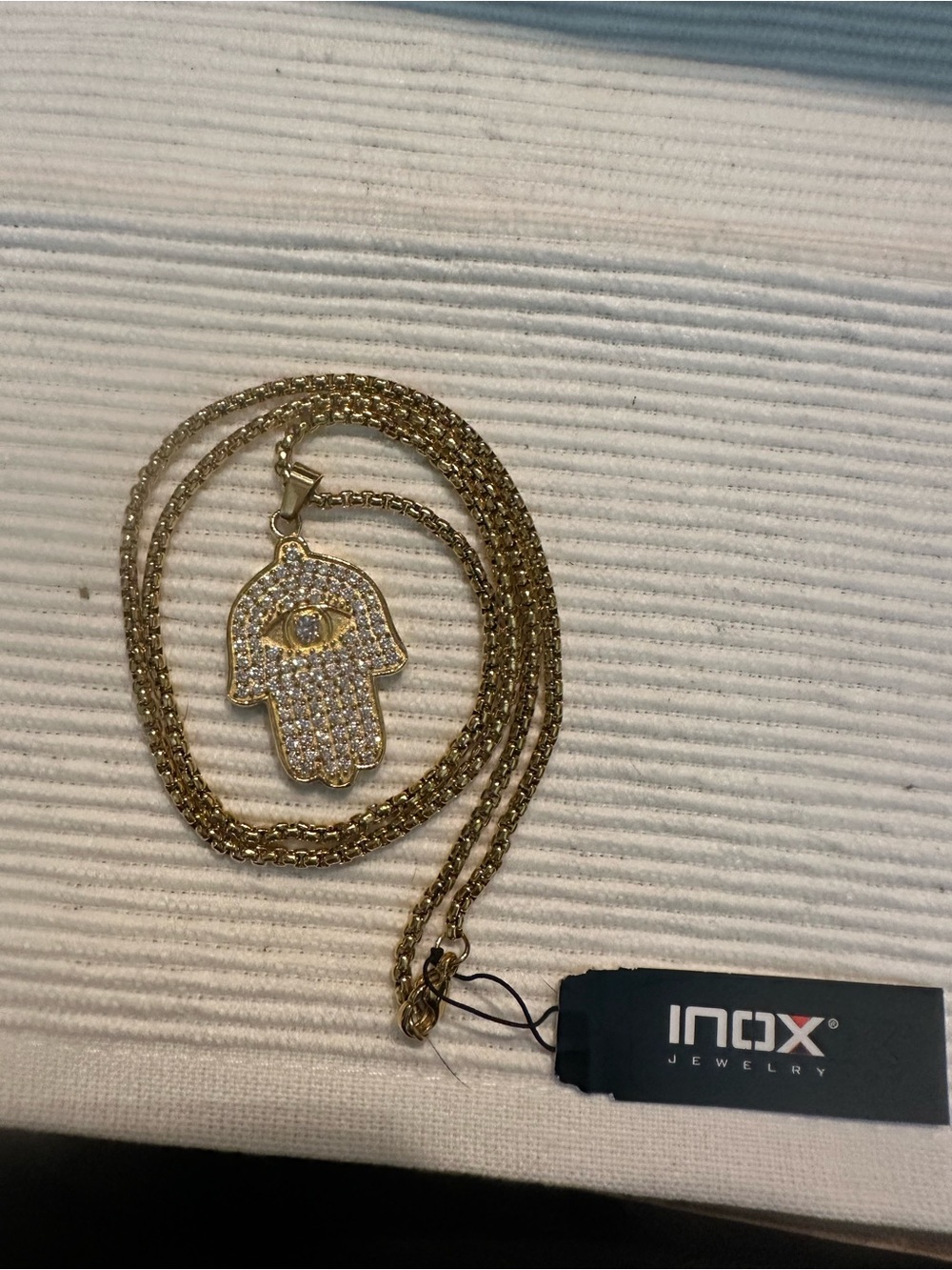 INOX Gold Hamsa Hand Pendant Necklace with Pavé Cubic Zirconia